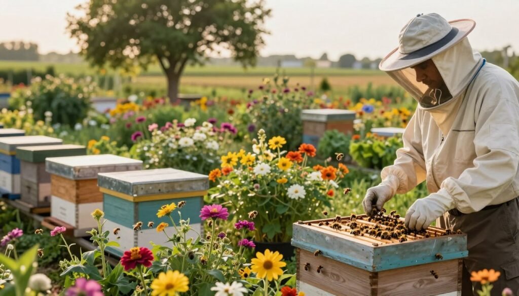 A vivid scene depicting a healthy bee colony in a lush garden, with bees actively pollinating colorful flowers. In the foreground, a beekeeper in professional attire carefully inspects a beehive while wearing protective gear, emphasizing the importance of care. In the middle ground, a variety of blooming plants and trees showcase the abundant biodiversity that supports pollination. In the background, a hazy agricultural field is visible, hinting at pesticide use. The lighting is warm and natural, casting a golden glow, evoking a peaceful and hopeful atmosphere. The image conveys the critical balance between agriculture and bee protection, highlighting the need for sustainable practices without text overlays or distractions.