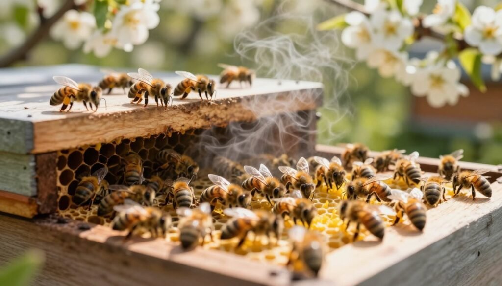 A vivid scene depicting the effects of hive temperature on bee activity during a nectar flow. In the foreground, a close-up of bustling honeybees working together, with a few bees fanning their wings to regulate hive temperature. The middle ground features a wooden beehive, slightly ajar to reveal the intricate structures inside, with steam rising subtly, indicating humidity control. The background shows a lush, flowering garden under bright sunlight, with bees gathering nectar. Light filters through the foliage, creating a warm, inviting atmosphere. Capture this scene with a soft-focus lens to emphasize the bees in action, while maintaining clarity on the hive. The overall mood should evoke harmony and diligence within the natural world, highlighting the importance of temperature management in bee health. A vivid scene depicting the effects of hive temperature on bee activity during a nectar flow. In the foreground, a close-up of bustling honeybees working together, with a few bees fanning their wings to regulate hive temperature. The middle ground features a wooden beehive, slightly ajar to reveal the intricate structures inside, with steam rising subtly, indicating humidity control. The background shows a lush, flowering garden under bright sunlight, with bees gathering nectar. Light filters through the foliage, creating a warm, inviting atmosphere. Capture this scene with a soft-focus lens to emphasize the bees in action, while maintaining clarity on the hive. The overall mood should evoke harmony and diligence within the natural world, highlighting the importance of temperature management in bee health.