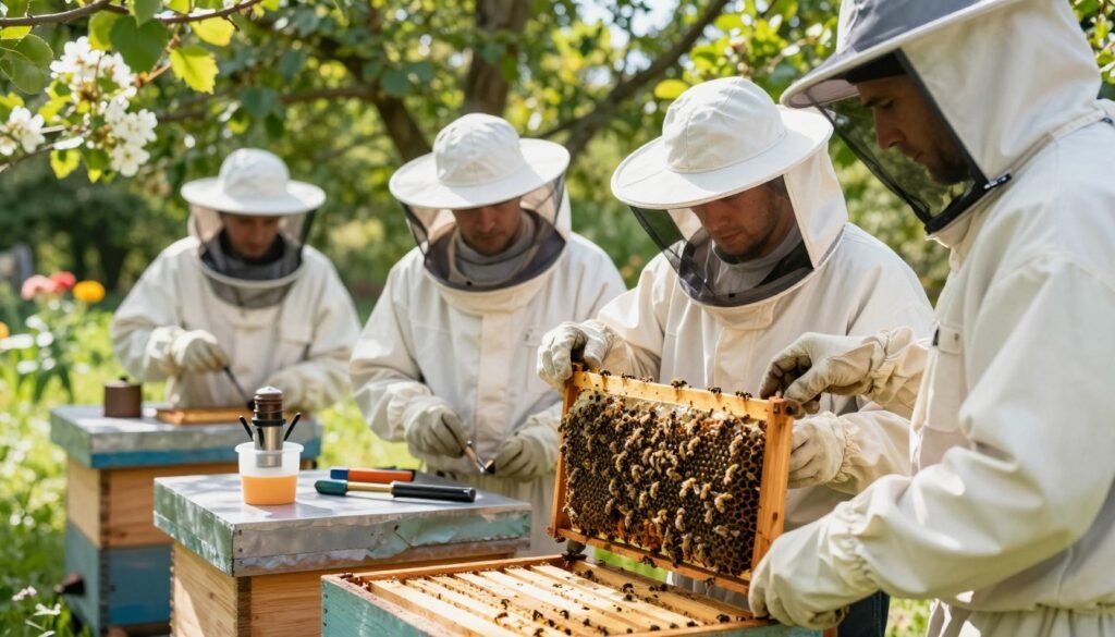 A vivid scene focused on a group of professional beekeepers, wearing protective gear, collaborating around a wooden beehive in a sunny garden. In the foreground, a beekeeper points to a frame filled with bees, showcasing a problem with installation. The middle ground features various essential beekeeping tools: a smoker, hive tools, and bee feeders, neatly arranged on a table. In the background, lush green trees and blooming flowers create a natural, serene atmosphere. Soft sunlight filters through the leaves, casting gentle shadows and highlighting the careful expressions on the beekeepers' faces. The overall mood is one of teamwork and concentration, emphasizing the troubleshooting aspect of the installation process. The image should have a clear focus, with a shallow depth of field to enhance the subjects.