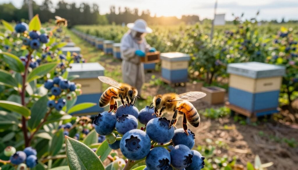 A vivid scene of honey bee communication within a bustling blueberry field. In the foreground, a close-up of honey bees gathering nectar from bright blue blueberry flowers, showcasing their movement and interaction. The middle ground features a beekeeper in a protective suit, carefully observing the hives placed strategically around the field, illustrating the relationship between beekeeper and bees. The background includes lush rows of blueberry bushes under soft, golden sunlight filtering through the trees, casting gentle shadows on the ground. The atmosphere is calm yet vibrant, emphasizing the harmony between nature and agriculture. Use a wide-angle lens to capture the entire scene, enhancing depth and focus on the bees and flowers. The lighting is warm and inviting, creating a sense of peaceful productivity. A vivid scene of honey bee communication within a bustling blueberry field. In the foreground, a close-up of honey bees gathering nectar from bright blue blueberry flowers, showcasing their movement and interaction. The middle ground features a beekeeper in a protective suit, carefully observing the hives placed strategically around the field, illustrating the relationship between beekeeper and bees. The background includes lush rows of blueberry bushes under soft, golden sunlight filtering through the trees, casting gentle shadows on the ground. The atmosphere is calm yet vibrant, emphasizing the harmony between nature and agriculture. Use a wide-angle lens to capture the entire scene, enhancing depth and focus on the bees and flowers. The lighting is warm and inviting, creating a sense of peaceful productivity.