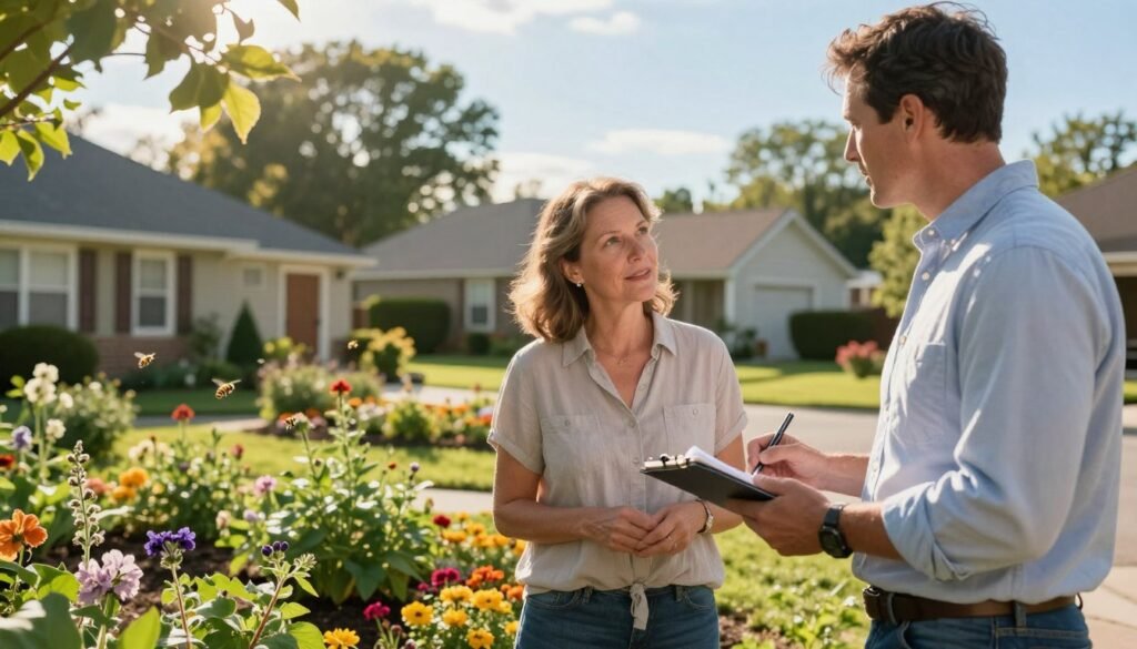 A warm afternoon scene in a suburban neighborhood where two neighbors are engaged in a friendly conversation about spray schedules for their gardens, focusing on pollinator safety. In the foreground, one neighbor, a middle-aged woman in a modest casual shirt and jeans, attentively listens to the other neighbor, a man in a crisp button-up shirt, as he holds a notepad and pen. The middle ground showcases colorful flower beds and bee-friendly plants, with a few honeybees gently hovering about. In the background, there are well-kept houses with lush trees and a clear blue sky, enhancing the inviting atmosphere. Soft, golden sunlight filters through the leaves, casting a warm glow on the scene, evoking a sense of community and shared responsibilities in gardening practices.