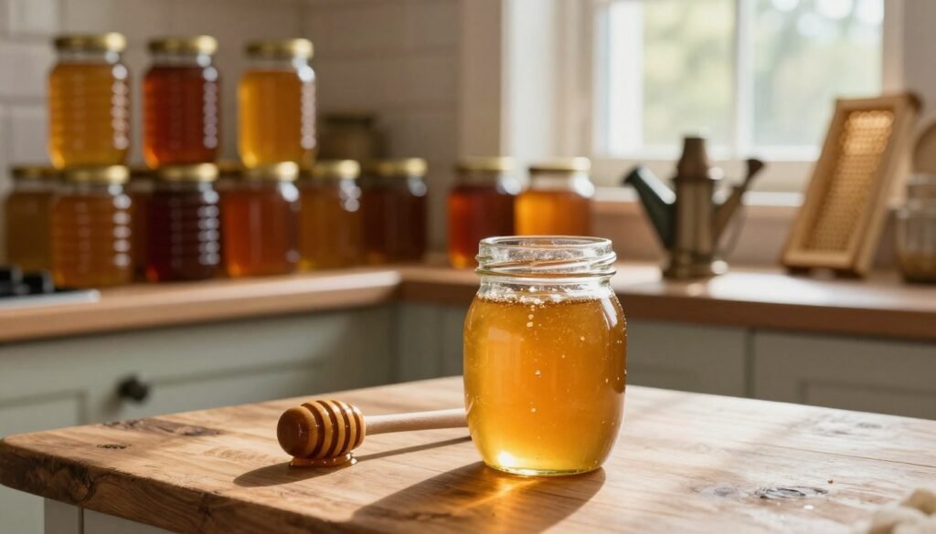 A warm and inviting kitchen scene, capturing the essence of storing raw honey. In the foreground, a glass jar filled with golden, glistening honey sits on a rustic wooden countertop, with a honey dipper resting nearby. The middle ground features shelves lined with various jars of honey, each with unique textures and colors, creating a sense of abundance. Soft, natural light streams in from a window, casting gentle shadows and highlighting the honey’s rich hues. In the background, a few pieces of beekeeping equipment like a smoker and bee frames can be seen, adding an authentic touch to the setting. The mood is serene and homely, evoking a sense of care and dedication to preserving honey's quality.