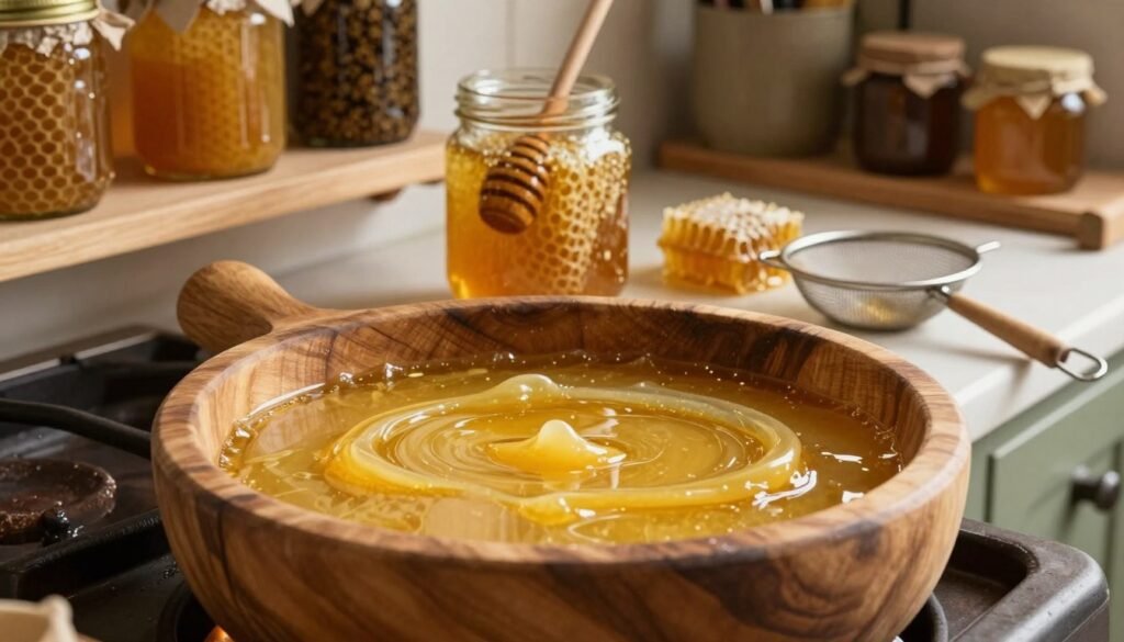 A warm, inviting kitchen scene featuring a traditional beeswax melting process. In the foreground, a beautifully crafted wooden double boiler sits on a rustic stove, with golden beeswax slowly melting, creating soft, flowing shapes. Rich textures of the wax are highlighted as they catch the light. In the middle ground, a glass jar filled with clean, filtered honeycomb sits alongside a wooden honey dipper, while a mesh strainer awaits the liquid wax. The background showcases shelves lined with more apiculture tools and rustic jars filled with bee-related products. Soft, natural lighting creates a calming atmosphere, emphasizing the warmth of the beeswax and the artisanal approach to processing. The image captures the essence of craftsmanship and nature in harmony.