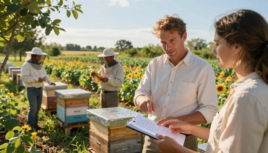 A warm, sunlit scene depicting a professional meeting between local beekeepers and agricultural growers in a vibrant outdoor setting. In the foreground, a man in a neat button-up shirt and a woman in a modest blouse are engaging in an animated discussion, pointing towards a notebook filled with notes about bee health and crop safety. In the middle ground, several beekeeping hives are placed alongside rows of blooming crops, symbolizing the partnership between beekeeping and farming. In the background, lush greenery and a clear blue sky enhance the atmosphere of collaboration. The scene captures a sense of community and shared commitment to sustainable practices, illuminated by soft, golden sunlight filtering through the trees. The angle is slightly elevated, offering a clear view of all participants and the setting.