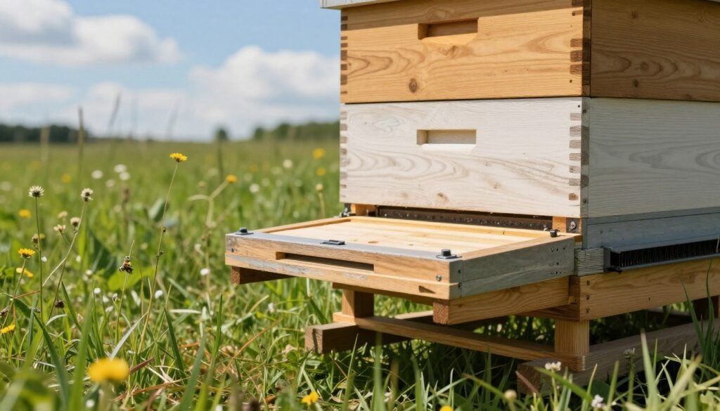 A well-constructed bee hive stand in an outdoor setting, showcasing a level and stable platform for beekeeping. The foreground features a sturdy wooden hive stand with precise leveling tools, highlighting its flat surface and solid construction. In the middle ground, vibrant green grass surrounds the hive, creating a natural ecosystem with wildflowers softly swaying in a gentle breeze. The background includes a clear blue sky dotted with fluffy white clouds, suggesting a serene and sunny day. Natural sunlight casts soft, even shadows, enhancing the image's warmth. The overall mood is peaceful and professional, conveying a sense of order and care in beekeeping practices, suitable for aspiring and experienced beekeepers alike.