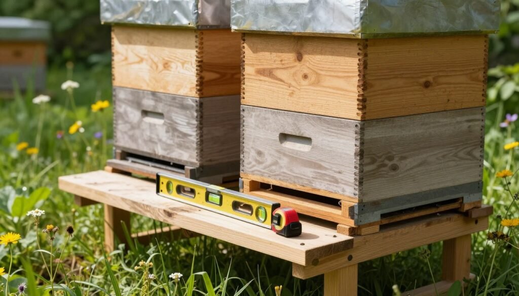 A well-constructed hive stand is the focal point of this image, showcasing a robust wooden structure securely holding several beehive boxes. The foreground features the stand with its level surface, brightened by natural sunlight streaming in from the left. In the middle ground, two advanced tools—a level and a measuring tape—lie next to the hive, emphasizing the importance of precision in setup. The background features lush greenery and scattered wildflowers that suggest a thriving ecosystem. Soft, diffused lighting creates a calm atmosphere, highlighting the meticulous arrangement of the tools and the beehives. The angle captures both the height of the stands and the depth of the hives, weaving a narrative of balance and stability essential for successful beekeeping.
