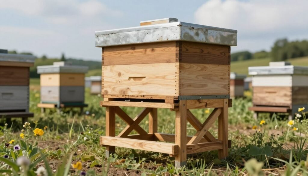 A well-constructed hive stand made from a combination of durable materials such as wood, metal, and composite, showcasing various layers of construction. In the foreground, the hive stand is prominently placed, demonstrating its sturdy legs and cross-bracing design, allowing for optimal hive height. The middle ground features a well-maintained apiary with several beehives and flowering plants, suggesting a natural habitat conducive to beekeeping. The background displays a soft-focus rural landscape under natural daylight, with a hint of blue sky and scattered clouds. The atmosphere is calm and inviting, emphasizing harmony between beekeeping and nature. Use a warm color palette to convey a sense of dependability and sustainability. The image should be captured from a low angle to highlight the hive stand's dimensions and its importance to beekeeping practices.