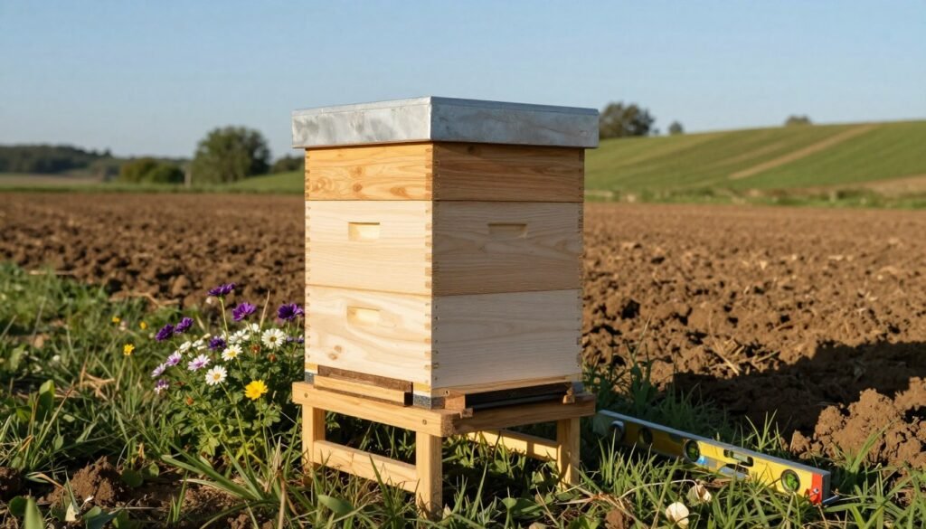A well-constructed hive stand set on a level patch of grass in a sunny outdoor setting, designed for maximum stability. In the foreground, a sturdy wooden hive stand with clean lines, holding a multi-story beehive, nestled among flowers. The middle ground features freshly tilled soil, carefully leveled with a spirit level tool resting beside it. The background showcases a gently sloping landscape with greenery, under a clear blue sky, casting soft shadows. The lighting is warm and inviting, ideal for a pleasant day outdoors. Convey a calm and organized atmosphere, capturing the essence of preparation and stability essential for beekeeping activities. A well-constructed hive stand set on a level patch of grass in a sunny outdoor setting, designed for maximum stability. In the foreground, a sturdy wooden hive stand with clean lines, holding a multi-story beehive, nestled among flowers. The middle ground features freshly tilled soil, carefully leveled with a spirit level tool resting beside it. The background showcases a gently sloping landscape with greenery, under a clear blue sky, casting soft shadows. The lighting is warm and inviting, ideal for a pleasant day outdoors. Convey a calm and organized atmosphere, capturing the essence of preparation and stability essential for beekeeping activities.