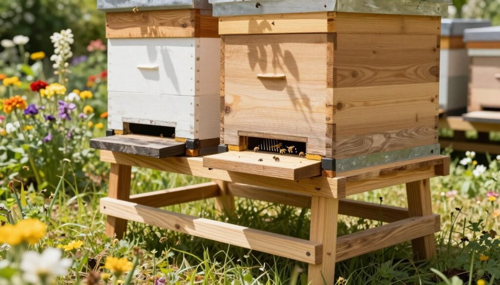 A well-constructed hive stand situated in a bright, outdoor setting, emphasizing its sturdy, elevated design made of natural wood. In the foreground, detail the texture of the wood grain and the sturdy legs of the stand, showing its resistance to pests. The middle ground features a clean, organized setup of beehives on the stand, showcasing their entrances aligned with an effective ventilation system to enhance hive health. The background depicts a lush garden with blooming flowers, encouraging a vibrant atmosphere filled with busy bees collecting nectar. Soft sunlight filters through the leaves, casting dappled shadows over the scene, creating a warm and inviting mood. The composition should be captured at a slightly elevated angle for a comprehensive view, focusing on the hive stand’s protective features against ants and other pests.