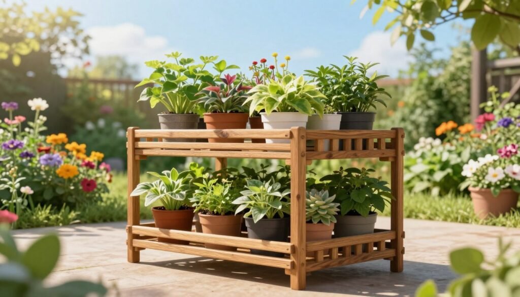 A well-constructed installation scene of a slatted rack set in a serene garden environment, showcasing the rack loaded with healthy potted plants. In the foreground, focus on the rack made of wooden slats that provides ample ventilation and sunlight exposure to the plants. In the middle ground, the garden is vibrant with various blooming flowers and lush greenery, enhancing the summer atmosphere. In the background, a clear blue sky with soft, warm sunlight filters through, casting gentle shadows on the ground. Capture the image from a slightly elevated angle to highlight the arrangement of the rack and the surrounding plants. Aim for a bright, cheerful mood that emphasizes the effectiveness of slatted racks for optimal plant growth during the summer season.