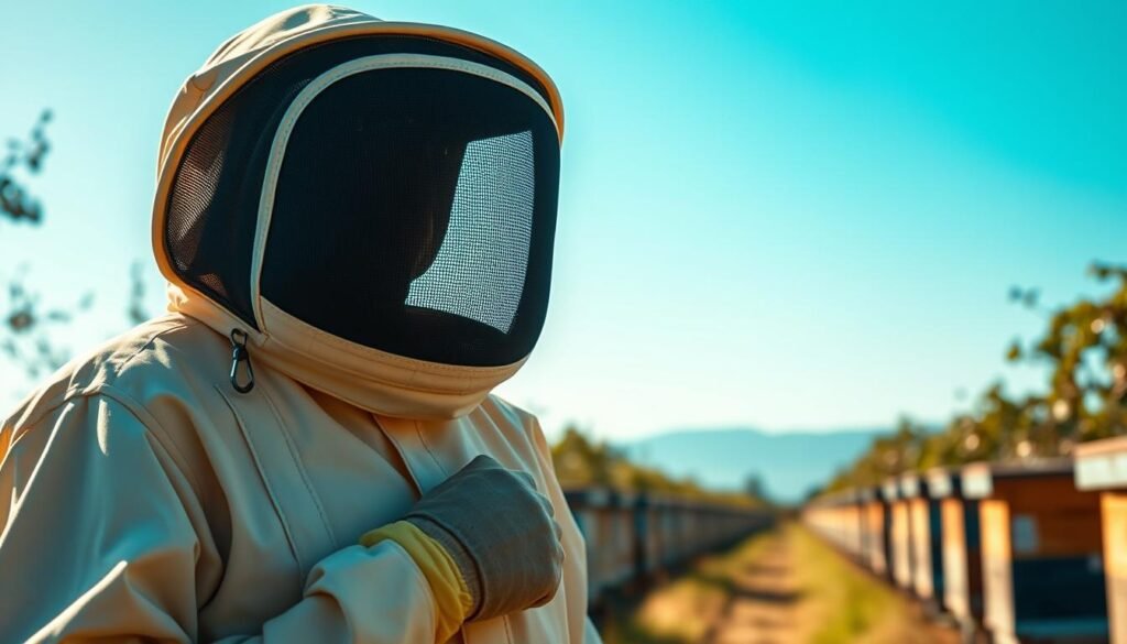 A well-designed American-made bee suit displayed prominently in the foreground, showcasing its high-quality materials and craftsmanship. The suit is complete with a ventilated hood, reinforced mesh screen, and durable gloves, reflecting functionality and protection for beekeepers. In the middle ground, a serene apiary with rows of beehives can be seen, indicating a thriving bee environment. The background features a clear blue sky, suggesting warm weather conditions. Soft, natural lighting illuminates the scene, casting gentle shadows that highlight the details of the bee suit. The overall mood is one of professionalism and dedication to sustainable American manufacturing, underscoring the importance of quality gear for beekeepers working in hot climates. The camera angle is slightly elevated, providing a comprehensive view of the bee suit in its natural context.