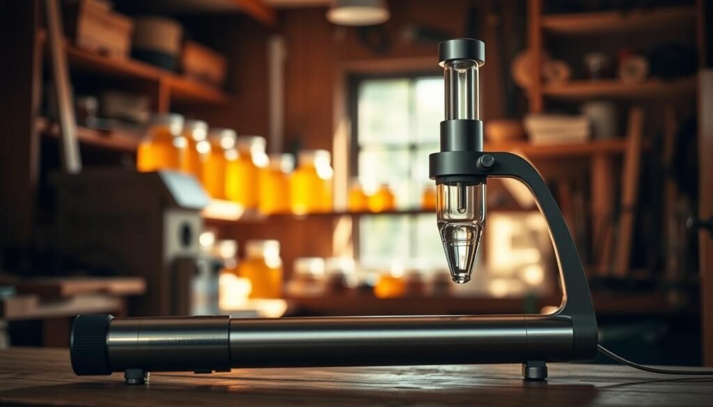 A well-designed honey refractometer is placed prominently in the foreground, showcasing its sleek, metallic body and clear optical prism. In the middle ground, a background of a sunlit beekeeping workshop is visible, featuring wooden shelves stocked with jars of honey and beekeeping tools, enhancing the artisanal vibe. Soft, warm lighting filters through a window, creating a welcoming atmosphere that reflects the dedication of beekeepers. The scene is captured from a slightly elevated angle to emphasize the refractometer's details while providing context with the workshop behind it. The overall mood is focused and informative, making it suitable for beekeeping enthusiasts researching the best tools for their craft.