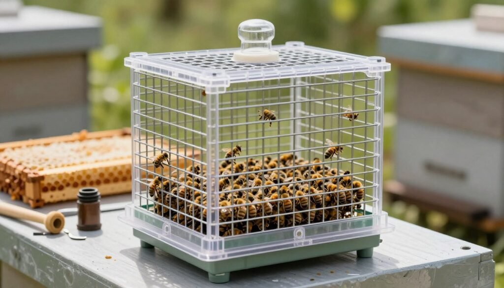 A well-designed new queen cage sits prominently in the foreground, showcasing its intricate structure of clear plastic and metal mesh. Inside, a carefully placed queen bee is surrounded by attentive worker bees, highlighting their synchronized movements. The middle ground features a subtle display of honeycomb frames and essential beekeeping tools, like a smoker and hive tool, arranged neatly to suggest a professional environment. In the background, soft natural light filters through an open beehive, creating an inviting and serene atmosphere. The focus is sharp on the queen cage, with a slightly blurred background to draw the viewer's attention. The overall mood conveys a sense of care and attentiveness in managing bee colonies.