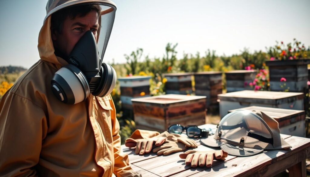 A well-equipped beekeeper in a professional beekeeping suit, including a sturdy respirator mask, stands in the foreground, focused and poised. The middle layer features a collection of safety gear, such as gloves, goggles, and a protective hat, neatly arranged on a wooden table, emphasizing essential safety protocols. In the background, a sunny apiary scene showcases vibrant hives surrounded by blooming flowers, enhancing the connection to beekeeping. The lighting is bright and natural, casting soft shadows, creating a sense of warmth and diligence. The overall atmosphere conveys a serious yet encouraging mood, promoting safety and careful practices in beekeeping. The angle is slightly elevated, providing a clear view of the beekeeper and the protective equipment.