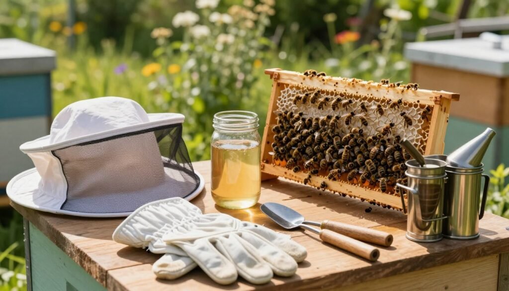 A well-equipped beekeeping setup featuring essential protective gear and tools laid out on a wooden surface. In the foreground, a pair of white beekeeping gloves and a mesh veil with a wide-brimmed hat. Beside them, a metal smoker and a hive tool, both glistening slightly in the daylight. In the middle, a clear glass jar filled with sugar syrup and a wooden hive frame with bees, showcasing intricate patterns. The background features a soft-focused apiary with lush greenery and flowering plants, illuminated by warm, natural sunlight. The overall mood is calm and prepared, reflecting a sense of safety and readiness for hive inspection. The angle is slightly elevated, giving a comprehensive view of the scene without any distractions or text elements.
