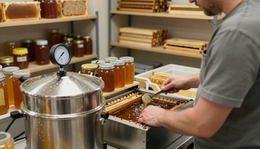 A well-equipped honey extraction workshop, showcasing a skilled professional in modest casual clothing carefully managing moisture levels during the extraction process. In the foreground, a stainless steel extractor gleams under bright, even lighting, with droplets of honey glistening against the surface. In the middle, the extractor is surrounded by jars filled with raw honey, and an hygrometer is prominently displayed, measuring humidity. The background features shelves stocked with honeycomb frames and extraction tools, creating an organized, industrious environment. Soft, warm ambient lighting enhances the welcoming atmosphere while emphasizing the technical nature of honey extraction. The angle is slightly elevated, allowing a comprehensive view of the extraction setup and the careful attention given to moisture management. A well-equipped honey extraction workshop, showcasing a skilled professional in modest casual clothing carefully managing moisture levels during the extraction process. In the foreground, a stainless steel extractor gleams under bright, even lighting, with droplets of honey glistening against the surface. In the middle, the extractor is surrounded by jars filled with raw honey, and an hygrometer is prominently displayed, measuring humidity. The background features shelves stocked with honeycomb frames and extraction tools, creating an organized, industrious environment. Soft, warm ambient lighting enhances the welcoming atmosphere while emphasizing the technical nature of honey extraction. The angle is slightly elevated, allowing a comprehensive view of the extraction setup and the careful attention given to moisture management.