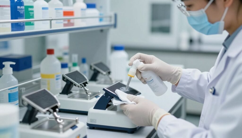 A well-equipped laboratory environment showcasing the sanitation process of capping scratchers between batches. In the foreground, a technician dressed in a white lab coat and gloves meticulously cleans a capping scratcher with a disinfectant spray and cloth, ensuring hygiene. In the middle ground, several capping scratchers are lined up, some visibly clean, others awaiting sanitation. The background features shelves filled with sanitation supplies and proper laboratory storage, illuminated by bright, sterile lighting to emphasize cleanliness. A shallow depth of field creates a focused, professional atmosphere, while soft shadows add depth to the scene, conveying a sense of diligence and attention to detail in laboratory practices.