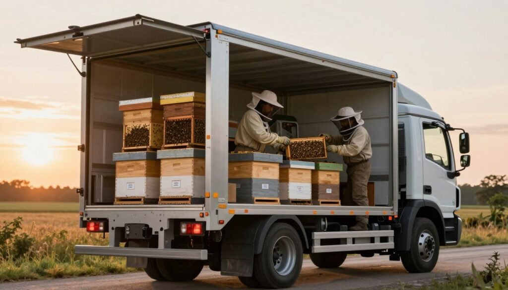 A well-equipped transport truck designed for hive migration, showcasing a secure compartment to ensure safe travel for bee colonies. In the foreground, the truck's rear swings open, revealing ventilated beehive boxes, organized neatly and labeled for easy identification. The middle ground features a professional beekeeping team in modest work attire, carefully arranging the hives within the truck, their expressions focused and diligent. The background depicts a serene landscape under a soft, golden sunset, enhancing the sense of safety and reliability. The lighting is warm, casting gentle shadows that create a calm atmosphere. The angle is slightly low, emphasizing the truck's sturdy build and the importance of safety in transporting valuable bee colonies.