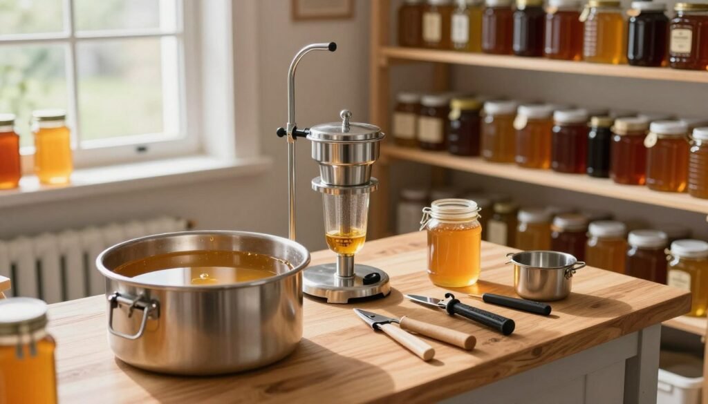 A well-lit and organized workspace featuring essential honey settling tank equipment. In the foreground, display a clean, stainless steel settling tank with a clear view of the golden honey inside. Adjacent, include a high-quality honey filter and various beekeeping tools like a uncapping knife and honey extractor, arranged neatly on a wooden countertop. The middle ground should highlight shelves filled with jars of honey, showcasing different varieties. In the background, soft, natural daylight filters through a large window, casting gentle shadows and creating a warm, inviting atmosphere. The overall mood is professional and efficient, emphasizing quality and expertise in honey processing. Use a slight overhead angle to capture the entire setup, ensuring clarity and focus on each piece of equipment.