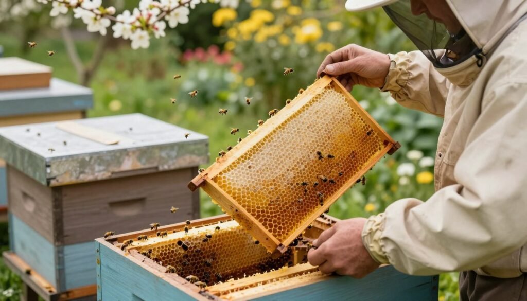 A well-lit beekeeping scene focused on a beekeeper inspecting frames of honeycomb for ripeness before extraction. In the foreground, the beekeeper, dressed in professional beekeeping attire, holds a frame with uncapped honey cells, closely examining the golden liquid inside. The middle ground features several frames stacked, some capped with wax, others unripe and glistening. Bees buzz around the hive, creating a sense of activity. The background shows a lush garden with blooming flowers, enhancing the atmosphere of a thriving ecosystem. Soft, natural lighting filters through, casting gentle shadows and giving warmth to the scene. The mood is calm yet engaged, emphasizing the careful process of assessing honey quality.