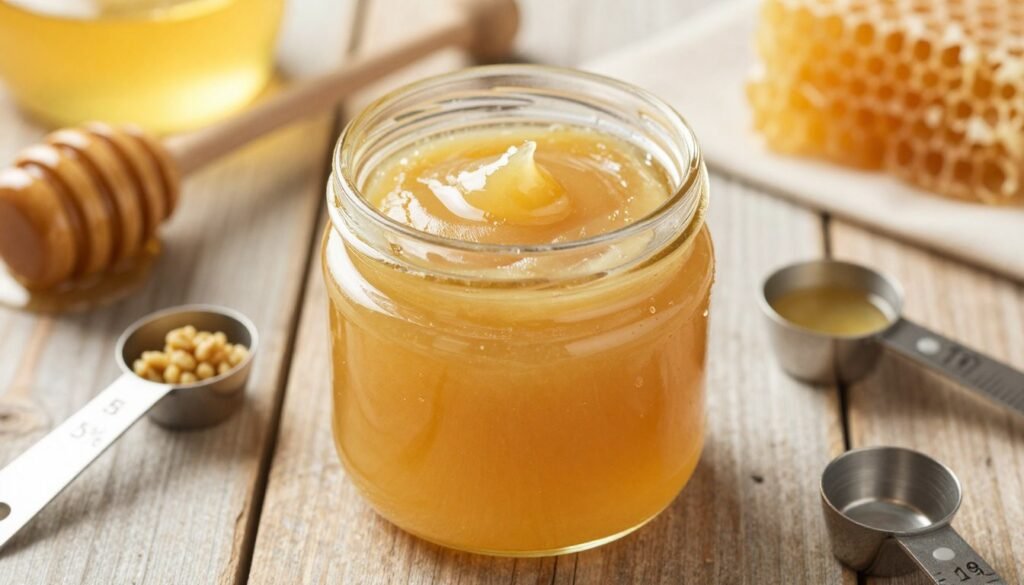 A well-lit, close-up image of a glass jar filled with smooth, creamy honey on a rustic wooden table, showcasing the unique texture of creamed honey. Surrounding the jar are small measuring spoons with precise readings of various seeding ratios, such as 5%, 10%, and 15%, hinting at the scientific approach to achieving the perfect creamed honey. In the background, soft-focus elements like bee-related ingredients, a honey dipper, and quaint honeycombs create a warm, inviting atmosphere. The lighting is soft and natural, capturing the golden hue of the honey while evoking a sense of artisanal craftsmanship. The camera angle is slightly above eye level, giving a clear view of the jar and seeding spoons for engaging educational appeal. A well-lit, close-up image of a glass jar filled with smooth, creamy honey on a rustic wooden table, showcasing the unique texture of creamed honey. Surrounding the jar are small measuring spoons with precise readings of various seeding ratios, such as 5%, 10%, and 15%, hinting at the scientific approach to achieving the perfect creamed honey. In the background, soft-focus elements like bee-related ingredients, a honey dipper, and quaint honeycombs create a warm, inviting atmosphere. The lighting is soft and natural, capturing the golden hue of the honey while evoking a sense of artisanal craftsmanship. The camera angle is slightly above eye level, giving a clear view of the jar and seeding spoons for engaging educational appeal.