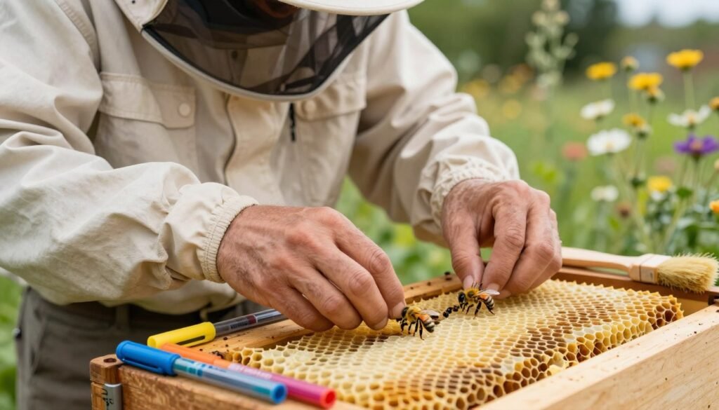 A well-lit close-up scene showcasing a beekeeping professional in modest casual clothing carefully handling a queen bee on a small marking tray. The foreground features the queen bee, marked with a vibrant color corresponding to the current year, surrounded by a few colorful marking pens. In the middle, there is a beekeeping suit partially visible, indicating safety practices, along with essential tools, such as a hive tool and bee brush. The background is softly blurred, showing a serene garden filled with wildflowers, creating a calm and focused atmosphere. Use natural light to highlight the golden tones of the bee and the colors of the marking pens, with a shallow depth of field to emphasize the subjects. The overall mood is one of diligence and care in beekeeping practices.