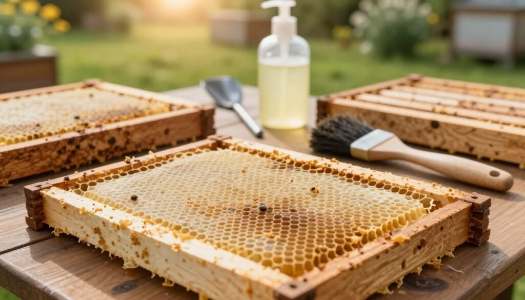 A well-lit, detailed close-up of hive hygiene frames arranged on a wooden table, showcasing frames that have been thoroughly cleaned and are ready for reuse. The foreground features meticulously scrubbed, empty honeycomb frames with faint remnants of beeswax, emphasizing the importance of cleanliness. In the middle, a few tools like a hive tool, brush, and gentle soap solution are placed strategically to highlight best practices in maintaining hive hygiene. The background captures a blurred scene of a sunlit apiary, with soft green grass and flowering plants visible, creating a serene, organic atmosphere. The lighting is warm and inviting, suggesting a calm, productive day in the field. The overall mood is one of diligence and care, reflecting the necessary steps for hive health.