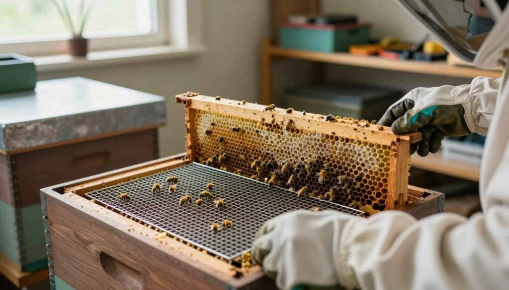 A well-lit indoor workshop scene featuring a close-up view of a beekeeper expertly installing a metal queen excluder in a wooden beehive. The foreground showcases the hands of the beekeeper, wearing professional gloves, carefully positioning the metal excluder. In the middle ground, the beehive is open, revealing the honeycomb and bees actively working. Soft, natural light streams in from a nearby window, illuminating the details of the metal mesh and the wooden texture of the hive. The background includes shelves filled with beekeeping tools and equipment, creating an organized and professional atmosphere. The overall mood is focused and informative, emphasizing the importance of proper installation techniques.