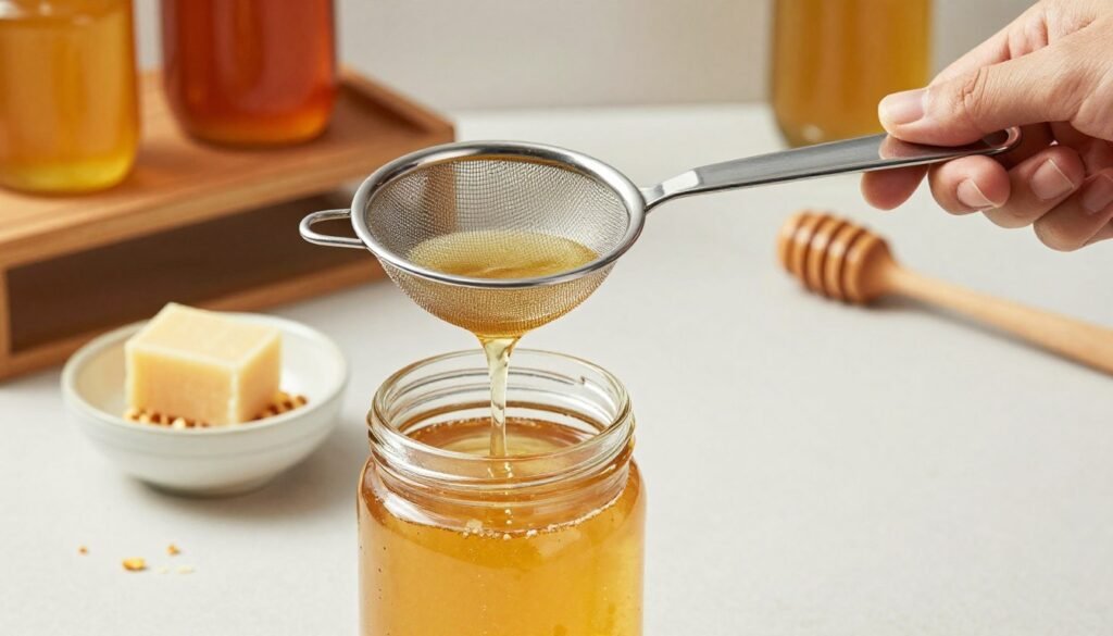 A well-lit kitchen countertop scene showcases a honey gate strainer in use. In the foreground, a hands-on approach features a glass jar being filled with fresh honey, with the strainer positioned above it, capturing impurities. The strainer is detailed, with fine mesh and a sturdy handle, reflecting the light beautifully. In the middle ground, a small bowl holds beeswax and debris filtered out by the strainer, emphasizing its effectiveness. The background is softly blurred, featuring a rustic wooden shelf stocked with jars of honey and beekeeping tools, creating a warm, inviting atmosphere. The scene is bright and cheerful, evoking a sense of craftsmanship and care in the honey straining process. The overall mood is informative and engaging, perfect for illustrating the subject matter. A well-lit kitchen countertop scene showcases a honey gate strainer in use. In the foreground, a hands-on approach features a glass jar being filled with fresh honey, with the strainer positioned above it, capturing impurities. The strainer is detailed, with fine mesh and a sturdy handle, reflecting the light beautifully. In the middle ground, a small bowl holds beeswax and debris filtered out by the strainer, emphasizing its effectiveness. The background is softly blurred, featuring a rustic wooden shelf stocked with jars of honey and beekeeping tools, creating a warm, inviting atmosphere. The scene is bright and cheerful, evoking a sense of craftsmanship and care in the honey straining process. The overall mood is informative and engaging, perfect for illustrating the subject matter.