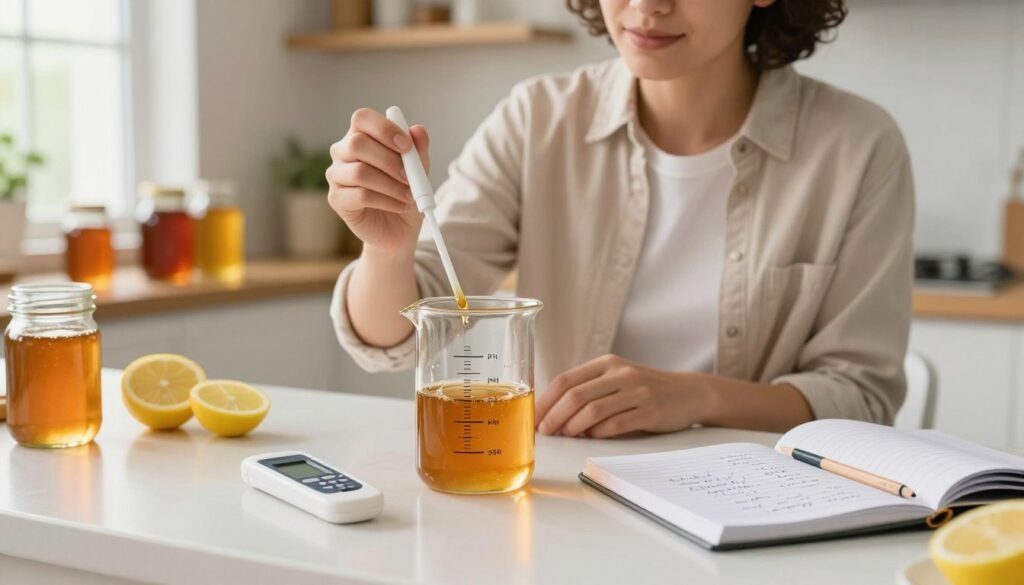 A well-lit kitchen countertop set up for measuring honey acidity. In the foreground, a glass beaker filled with honey, labeled with a pH scale, sits next to a digital pH meter. A scientific notebook with hand-written notes and a pencil are nearby, emphasizing a DIY approach. In the middle, a person in a modest casual outfit carefully dips a pH meter into the honey, their focused expression showing diligence. The background features shelves with various jars of honey, a few lemon slices for acidity reference, and a window allowing natural light to brighten the scene, creating a warm and inviting atmosphere. The overall mood is educational and engaging, ideal for learning how to measure honey acidity effectively. A well-lit kitchen countertop set up for measuring honey acidity. In the foreground, a glass beaker filled with honey, labeled with a pH scale, sits next to a digital pH meter. A scientific notebook with hand-written notes and a pencil are nearby, emphasizing a DIY approach. In the middle, a person in a modest casual outfit carefully dips a pH meter into the honey, their focused expression showing diligence. The background features shelves with various jars of honey, a few lemon slices for acidity reference, and a window allowing natural light to brighten the scene, creating a warm and inviting atmosphere. The overall mood is educational and engaging, ideal for learning how to measure honey acidity effectively.