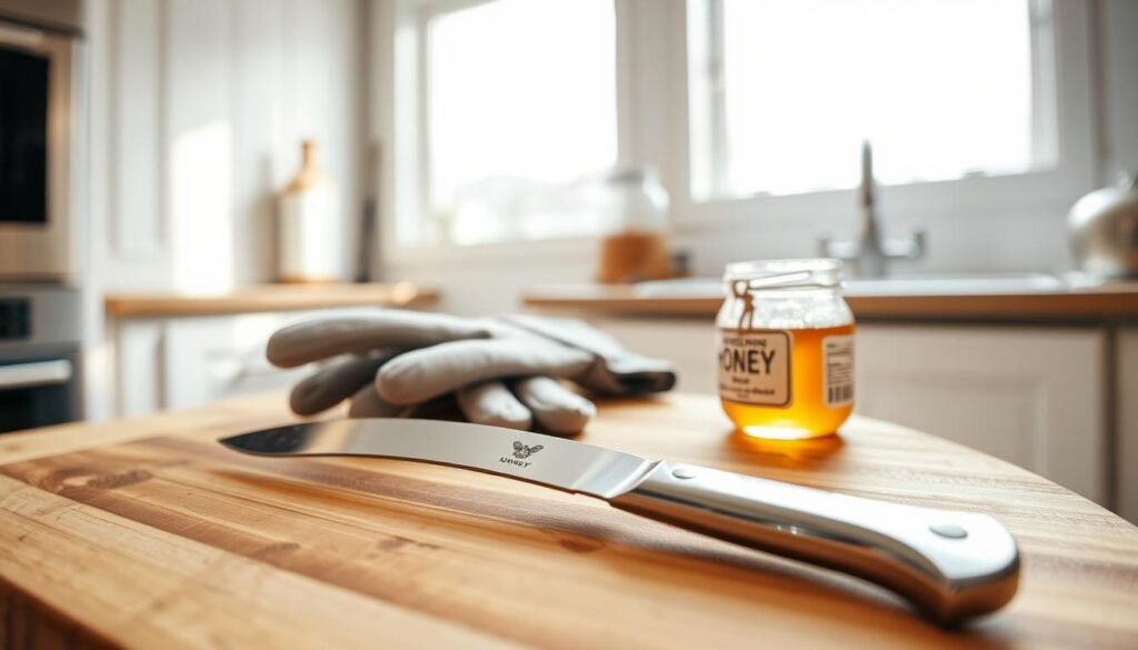 A well-lit kitchen setting serves as the background, depicting a clean and organized space for beginner beekeepers. In the foreground, a shiny, slightly curved uncapping knife rests prominently on a wooden cutting board, showcasing its sharp blade but secured with a protective sheath. Beside the knife, a pair of protective gloves and a small jar of honey with a pristine label are displayed, emphasizing the theme of safety in beekeeping. The middle ground features a window allowing soft, natural light to illuminate the scene, creating a warm and inviting atmosphere. The mood conveys a sense of preparedness and professionalism, suitable for new beekeepers learning essential safety practices. The angle captures the arrangement from a slightly elevated perspective, focusing on the tools while maintaining a clean background that highlights safety and care in beekeeping. A well-lit kitchen setting serves as the background, depicting a clean and organized space for beginner beekeepers. In the foreground, a shiny, slightly curved uncapping knife rests prominently on a wooden cutting board, showcasing its sharp blade but secured with a protective sheath. Beside the knife, a pair of protective gloves and a small jar of honey with a pristine label are displayed, emphasizing the theme of safety in beekeeping. The middle ground features a window allowing soft, natural light to illuminate the scene, creating a warm and inviting atmosphere. The mood conveys a sense of preparedness and professionalism, suitable for new beekeepers learning essential safety practices. The angle captures the arrangement from a slightly elevated perspective, focusing on the tools while maintaining a clean background that highlights safety and care in beekeeping.