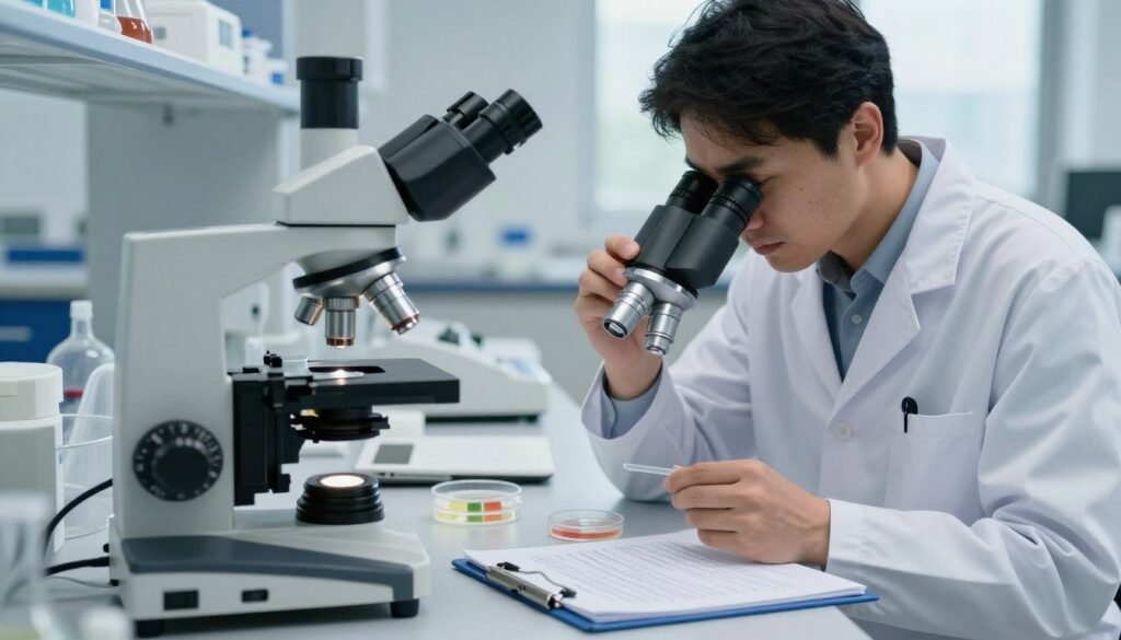 A well-lit laboratory setting showcasing microscopic examination techniques focused on testing for Nosema spores. In the foreground, a high-quality microscope with intricate details, including glass lenses and illuminated stages, sits on a clean lab bench. Next to it, petri dishes with samples and a notebook filled with scientific notes. In the middle ground, a scientist in a lab coat, intently examining a slide under the microscope, embodies professionalism and concentration. The background features shelves filled with scientific equipment and a window with natural light filtering in, creating a calm, focused atmosphere conducive to research. The overall mood is one of precision and scientific inquiry, highlighting the importance of microscopy in understanding micro-organisms.