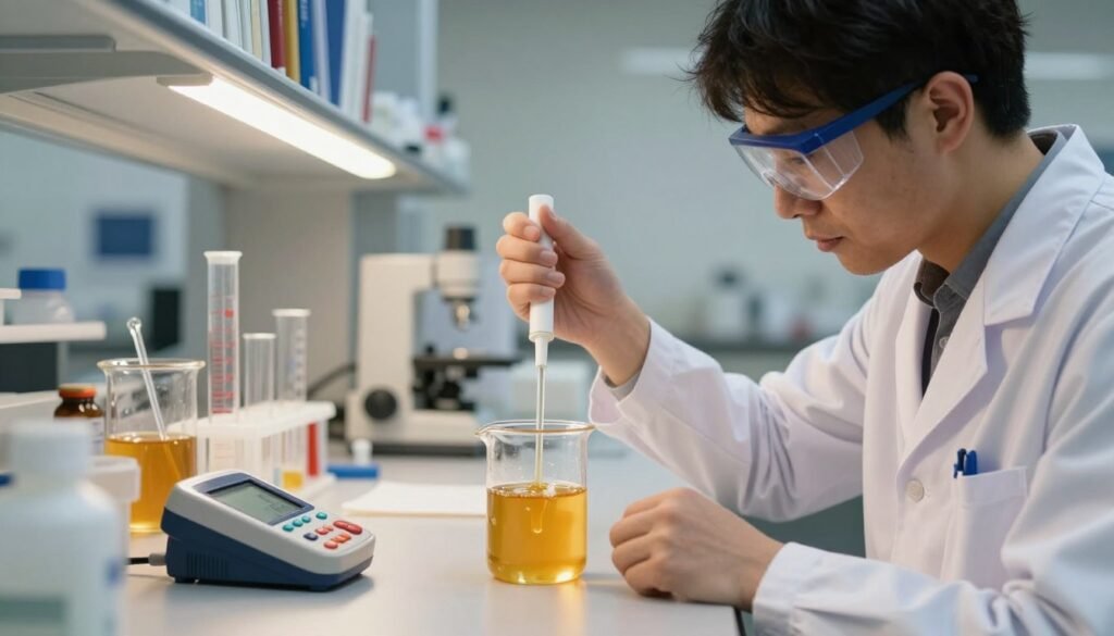 A well-lit laboratory setting where a scientist, dressed in a white lab coat and safety goggles, meticulously prepares a sample of honey for conductivity testing. In the foreground, a glass beaker filled with golden honey sits on a clean lab bench, with a digital conductivity meter and a pipette beside it. The middle ground features a variety of laboratory tools, including graduated cylinders and glass stirrers, creating an organized and professional atmosphere. In the background, shelves lined with scientific books and equipment contribute to the lab setting, softly illuminated by warm overhead lighting. The scene conveys a sense of precision and care, emphasizing the importance of accurate testing in honey analysis. The camera angle should be slightly elevated, capturing both the action of preparation and the wider lab environment.