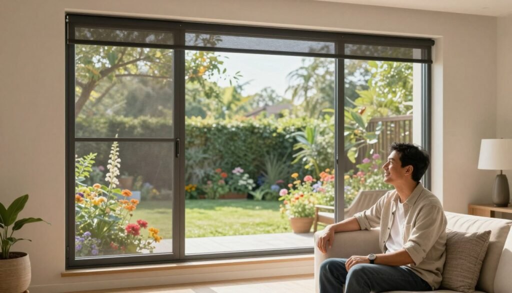 A well-lit, modern living room scene showcasing a screened inner cover installed on a large window. In the foreground, a satisfied customer, dressed in casual, professional attire, gazes outside with a relaxed expression, embodying a sense of peace and comfort. The middle ground features the sleek, mesh screen framing a vibrant, sunlit garden filled with greenery and colorful flowers, highlighting the outdoor beauty while ensuring a bug-free environment. The background reveals soft, natural light streaming through the screen, adding warmth to the scene and casting gentle shadows on the walls. Overall, the image conveys a serene, inviting atmosphere that emphasizes the benefits of screened inner covers for summer enjoyment.