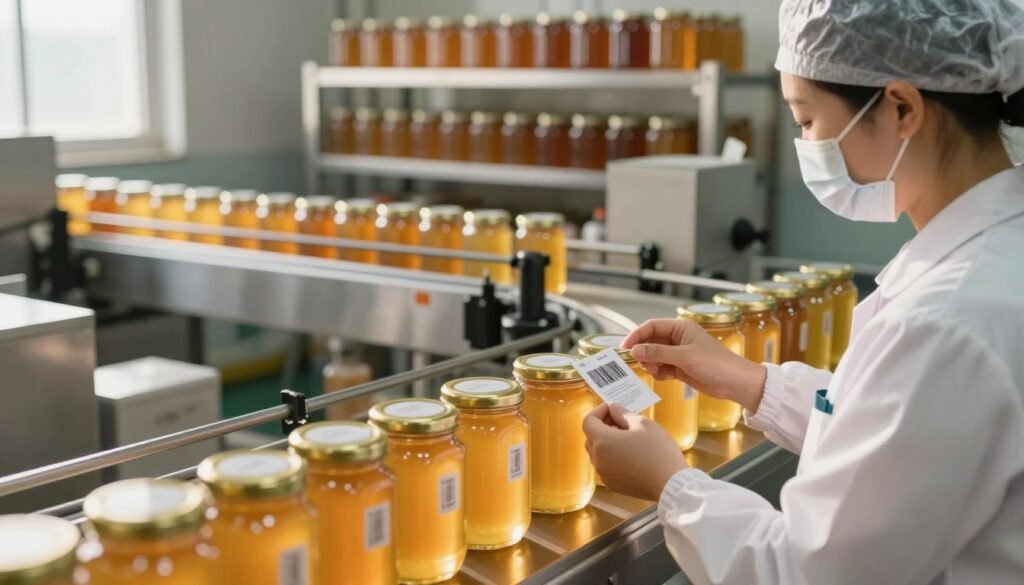 A well-lit production facility showcasing a worker in professional clothing carefully batch coding honey jars for traceability. In the foreground, focus on the worker applying labels with a clear barcode on a row of golden honey jars, each shimmering in soft, warm light. The middle layer features a conveyor belt transporting more jars, and a large, organized workspace with tools and machines for honey processing. In the background, shelves are stocked with honey jars, emphasizing a clean, efficient production environment. The atmosphere is industrious yet calming, with natural light filtering through windows, casting gentle shadows and highlighting the golden hues of the honey. The composition should evoke a sense of quality and attention to detail in the honey production process.