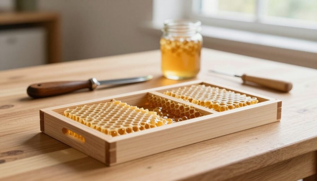 A well-lit wooden table serves as the foreground, showcasing a propolis trap with distinct sections revealing the harvested propolis inside. The trap is elaborately designed, featuring multiple compartments filled with golden-brown resinous propolis. In the middle ground, tools for processing propolis—like a small knife and a glass jar—are neatly arranged, emphasizing the artisanal aspect of the harvesting process. In the soft-focus background, gentle sunlight filters through a window, creating a warm and inviting atmosphere. The overall mood evokes a sense of craftsmanship and organic purity. The composition uses a shallow depth of field to highlight the details of the trap and tools, with a slight overhead angle to showcase the entire scene beautifully.
