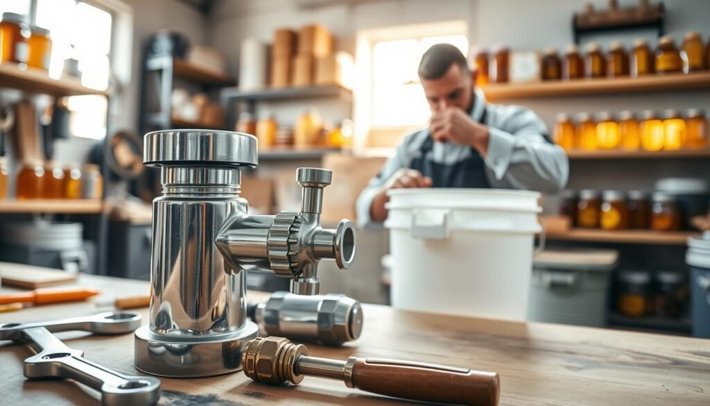 A well-lit workshop setting focuses on the installation of a honey gate. In the foreground, a detailed close-up of a shiny, newly manufactured honey gate is showcased, featuring its control lever and sturdy spigot. Various installation tools, such as a wrench and screwdriver, are neatly arranged around the gate, highlighting the preparation for the installation process. In the middle ground, a skilled technician, dressed in professional work attire, is carefully aligning the honey gate with a bottling bucket, showcasing an effective practice for a secure fit. The background features shelves stocked with beekeeping supplies and jars of honey, bathed in warm, natural light that creates an inviting atmosphere. The image conveys a sense of precision and craftsmanship, ideal for showcasing best practices in honey gate installation.