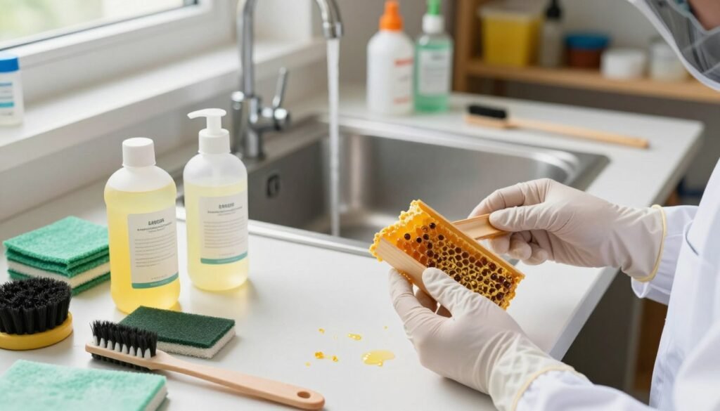 A well-lit workspace featuring a clean, organized table with various tools for propolis cleaning and sanitizing. In the foreground, a pair of gloved hands carefully holding a pollen trap, examining it for residues. Bright bottles of disinfectants with labels facing forward, surrounded by brushes and scrubbing pads are arranged neatly on the table. In the middle ground, a shiny metal sink with running water, reflecting light creates a sense of cleanliness. The background includes shelves with bee-keeping supplies and tools, softly blurred to keep focus on the cleaning process. The atmosphere is focused and professional, illuminated by soft, natural light from a nearby window, emphasizing the importance of hygiene and meticulous care in beekeeping.