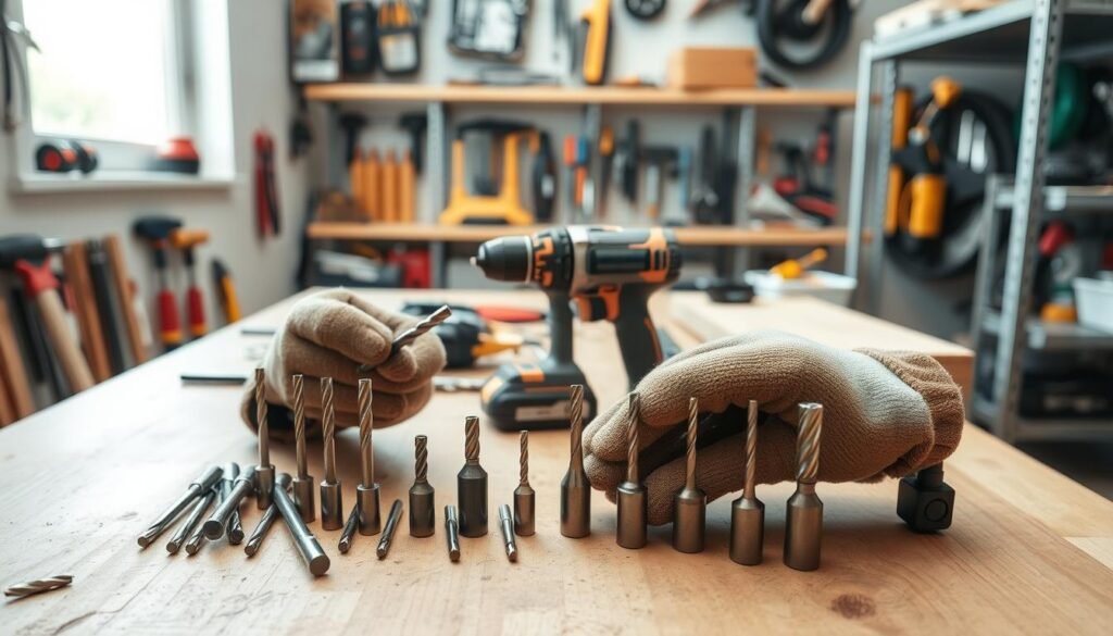 A well-lit workspace featuring a variety of drill bits neatly arranged on a wooden workbench, showcasing different sizes and types suitable for frame assembly. In the foreground, a pair of hands wearing modest work gloves is carefully selecting a drill bit, highlighting the focus on the right size for a project. In the middle, a cordless drill sits prominently, emphasizing its importance in the assembly process. The background consists of organized tool racks filled with other essential tools and accessories, creating a sense of an active workshop. Soft, natural light filters through a nearby window, casting gentle shadows and creating an inviting, productive atmosphere. The mood is focused and professional, reflecting the importance of precision in selecting the right drill bit.