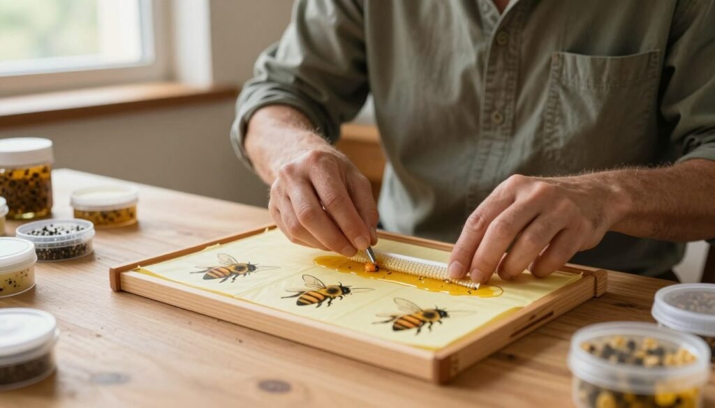 A well-lit workspace scene focusing on an individual, dressed in modest casual clothing, preparing a sticky board for Varroa mite monitoring. In the foreground, the sticky board is prominently positioned on a wooden table, with honey bee images and small containers of mite traps scattered around. The middle ground features the person carefully applying a layer of adhesive to the board, with focus on their hands and tools, emphasizing attention to detail. In the background, a gently blurred window allows warm, natural light to illuminate the space, enhancing the atmosphere of diligence and care. The overall mood is informative and encouraging, highlighting the importance of preparation in beekeeping practices.