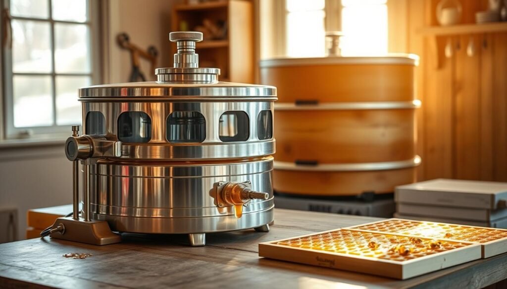A well-lit workspace showcasing a radial honey extractor as the central focus. The extractor, featuring a shiny metallic drum with clear glass windows, is set on a wooden table. In the background, a tangential honey extractor is partially visible, hinting at comparison. Natural sunlight filters in through a window, creating soft shadows and highlighting the extractor’s details, like the crank handle and honey spigot. A few frames of capped honeycomb lie nearby, suggesting activity in a hobby beekeeping setting. The atmosphere is warm and inviting, with a sense of craftsmanship and dedication to the art of beekeeping, suitable for hobbyists. Overall, the composition emphasizes the functionality and design differences between radial and tangential extractors. A well-lit workspace showcasing a radial honey extractor as the central focus. The extractor, featuring a shiny metallic drum with clear glass windows, is set on a wooden table. In the background, a tangential honey extractor is partially visible, hinting at comparison. Natural sunlight filters in through a window, creating soft shadows and highlighting the extractor’s details, like the crank handle and honey spigot. A few frames of capped honeycomb lie nearby, suggesting activity in a hobby beekeeping setting. The atmosphere is warm and inviting, with a sense of craftsmanship and dedication to the art of beekeeping, suitable for hobbyists. Overall, the composition emphasizes the functionality and design differences between radial and tangential extractors.
