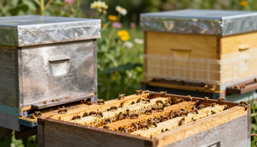 A well-maintained beehive surrounded by lush greenery, featuring two separate sections: on one side, a stainless steel queen excluder brilliantly reflecting sunlight, and on the other, a durable plastic queen excluder highlighted against a warm, golden backdrop. In the foreground, bees are actively foraging and entering the hive, showcasing their vibrant health and vitality. In the middle ground, the hive structure is detailed with visible frames, beeswax, and honeycomb. The background features soft-focus flowers, creating a picturesque garden scene. Natural lighting bathes the setting, emphasizing a sense of harmony and productivity within the hive. Capture the mood of care for the environment and bee health, highlighting the contrast in materials and their impact on hive management. Use a slight tilt-shift perspective to draw attention to the hive and its occupants.