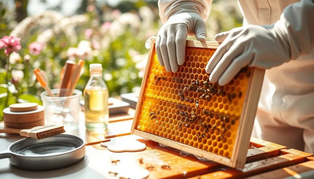A well-maintained beekeeping frame feeder prominently displayed in the foreground, showcasing pristine, mold-free honeycomb structures filled with golden honey. Surrounding the feeder, a clean, organized workspace featuring tools like brushes, water, and a gentle cleaning solution, indicating best practices for equipment maintenance. In the middle ground, a pair of hands, clad in modest protective gloves, carefully inspecting and wiping down the feeder, emphasizing diligence against mold and fermentation. In the background, a bright, airy outdoor beekeeping setup with blooming flowers and green foliage, suggesting a healthy hive environment. Soft, natural lighting highlights the scene, creating a warm and inviting atmosphere, while a shallow depth of field focuses attention on the feeder and cleaning process, ensuring clarity and professionalism.