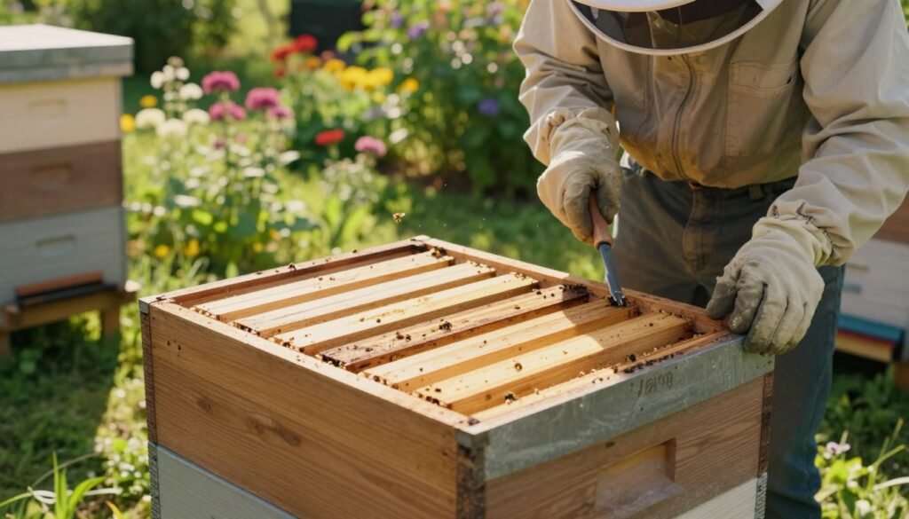 A well-maintained slatted rack sits prominently in a sunlit garden, showcasing its practical design for summer hive management. In the foreground, focus on the rack's wooden slats, showing subtle wear yet polished surfaces, with a few bees gently buzzing around. The middle ground features a beekeeper in modest casual clothing, carefully inspecting the rack, holding a hive tool with intent concentration. In the background, blooming flowers and lush greenery create a vibrant, inviting atmosphere, bathed in warm afternoon light. The scene captures a sense of diligence and care, emphasizing the importance of maintaining equipment throughout the season, with soft shadows casting across the ground, enhancing the peaceful, productive mood. The angle is slightly elevated, providing a comprehensive view of the entire setup.
