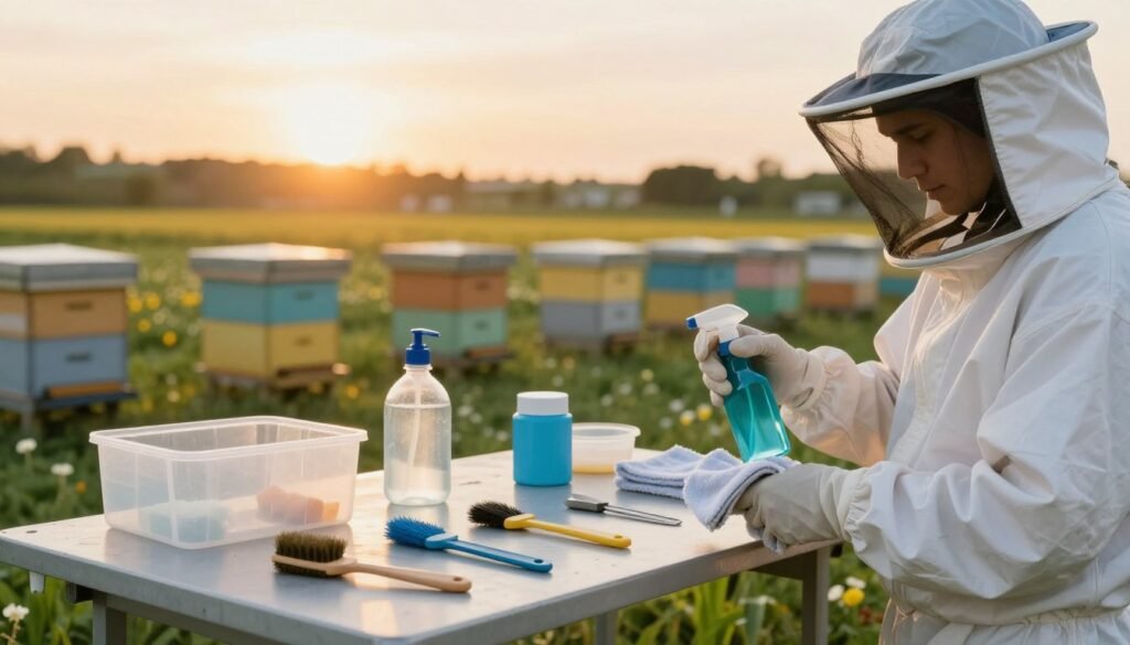 A well-organized apiary maintenance scene focused on equipment sanitation. In the foreground, a beekeeper in a white protective suit and veil meticulously cleans hive tools with a cloth and disinfectant spray, showcasing a commitment to hygiene. The middle layer features a clean, organized workspace with various sanitized beekeeping tools—brushes, hive boxes, and inspection kits—arranged neatly on a table. In the background, a setting sun casts a warm golden light over blooming flowers and healthy hives, creating a serene atmosphere. Soft focus on the background enhances the clarity of the equipment, highlighting the importance of sanitation as a best practice. The mood is calm and professional, emphasizing meticulous care in maintaining apiary health.