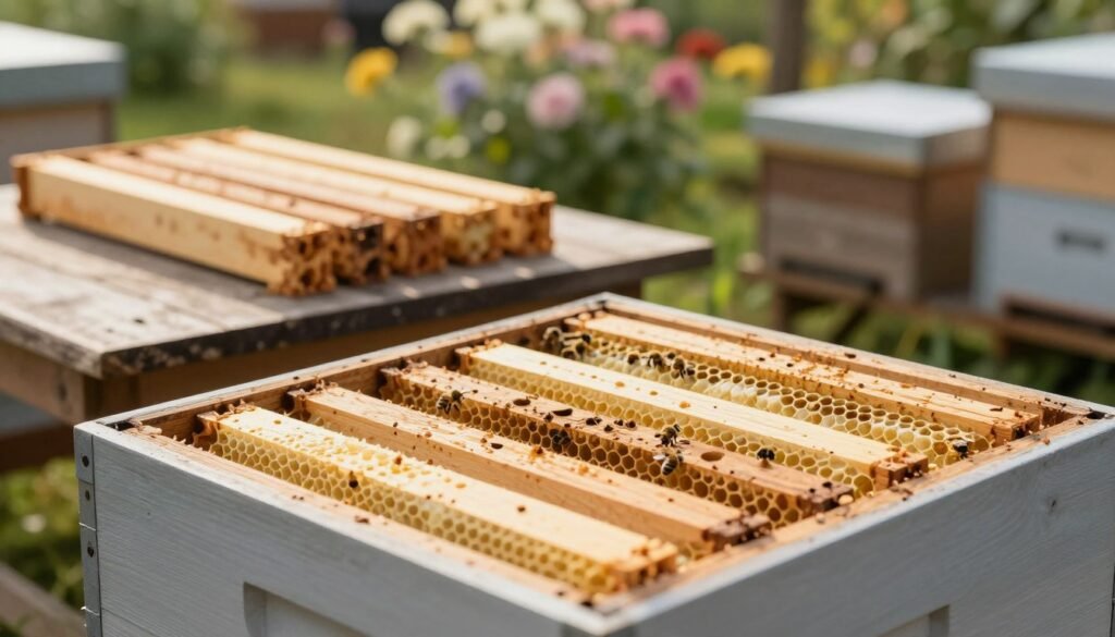 A well-organized apiary scene capturing quality frames designed for straight comb hives, prominently displayed in the foreground. The frames, made of natural wood, show an optimal spacing configuration and are filled with beeswax foundations, gleaming under a warm, soft sunlight. In the middle ground, a handful of neatly arranged frames are laid out on a rustic wooden table, suggesting functionality and craftsmanship. In the background, a cozy and inviting garden setting with flowering plants and greenery enhances a peaceful atmosphere. The image is shot with a shallow depth of field, creating a soft focus effect on the background while keeping the frames in sharp detail, conveying a sense of professionalism and serenity. The overall mood is harmonious and productive, ideal for preparing a hive for success.