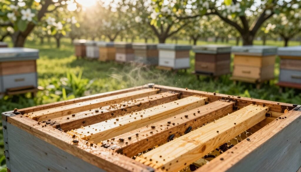 A well-organized apiary scene featuring a detailed close-up of a screened bottom board designed for beehives, prominently displayed in the foreground. The screened bottom board is shown with small pests like Varroa mites crawling away, emphasized with crisp textures and vibrant colors. The middle ground reveals an array of wooden beehives with slatted racks, neatly set in a lush green orchard filled with flowering plants. In the background, soft sunlight filters through tree branches, creating a warm, inviting atmosphere. Include a gentle breeze illustrated by slight movement in the surrounding foliage. The overall mood is serene yet industrious, capturing the essence of effective pest management within an apiary environment.
