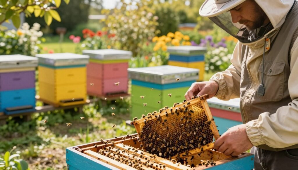 A well-organized apiary scene showcasing a honey bee hive management setup. In the foreground, a close-up view of a beekeeper in modest casual clothing, gently inspecting a hive frame filled with bees. The beekeeper’s expression is focused and engaged. In the middle ground, several vibrant beehives, painted in bright colors, can be seen with bees actively flying around, illustrating a healthy environment. The background features a lush garden with blooming flowers, symbolizing a thriving ecosystem. Soft, warm sunlight filters through the trees above, casting dappled shadows on the ground. The mood is serene yet industrious, capturing the essence of modern apiary management practices. Detailed textures on the hives and bees highlight the intricacies of their world.