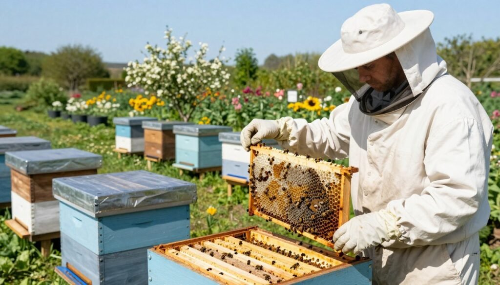 A well-organized apiary scene showcasing the concept of "queen management" amidst the challenges of disease. In the foreground, a focused beekeeper in a professional suit examines a brood frame under a bright, natural light, highlighting the details of the worker bees and the queen. In the middle ground, several hives are positioned neatly, with some open to reveal healthy and unhealthy brood patterns, illustrating the contrast between a thriving colony and one affected by disease. The background features a lush garden with blooming flowers under a clear blue sky, creating a serene and hopeful atmosphere. The angle is slightly elevated, capturing both the beekeeper's detailed examination and the broader apiary, conveying a sense of diligence and care in managing bee health.