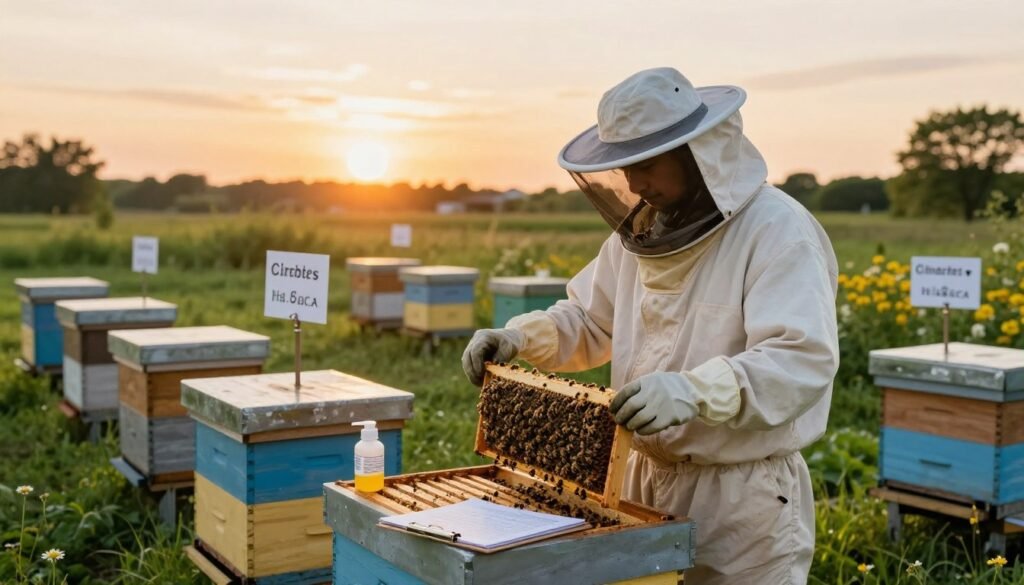 A well-organized apiary scene showcasing treatment protocols and colony management for beekeeping. In the foreground, a beekeeper in a protective suit and gloves inspects a hive, holding a frame filled with bees, while clipboard and treatment solutions lay nearby. The middle ground features additional hives on a grass field with signs indicating treatment schedules. In the background, a vibrant sunset casts warm, golden tones over the scene, creating an inviting atmosphere. Lush greenery surrounds the apiary, with flowering plants attracting bees. The image is illuminated with soft, natural light, capturing the serenity and importance of responsible beekeeping practices. The composition is balanced and clear, suitable for educational purposes. A well-organized apiary scene showcasing treatment protocols and colony management for beekeeping. In the foreground, a beekeeper in a protective suit and gloves inspects a hive, holding a frame filled with bees, while clipboard and treatment solutions lay nearby. The middle ground features additional hives on a grass field with signs indicating treatment schedules. In the background, a vibrant sunset casts warm, golden tones over the scene, creating an inviting atmosphere. Lush greenery surrounds the apiary, with flowering plants attracting bees. The image is illuminated with soft, natural light, capturing the serenity and importance of responsible beekeeping practices. The composition is balanced and clear, suitable for educational purposes.